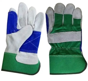 Guantes de trabajo de cuero vacuno premium con parche verde y puño de seguridad de tela de algodón perforada para jardinería - Product Image 1