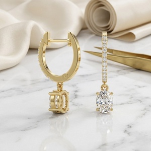 1.20 CTW Oval and Round Prong and Bezel and Pave Huggie Drop Linear <b>Diamond</b> <b>Earrings</b> - Product Image 3