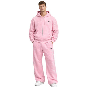 Ensembles de sweats à capuche et pantalons de survêtement en molleton de coton de haute qualité, avec strass sur toute la surface, sweat à capuche à manches longues et fermeture éclair intégrale, fournisseur OEM en gros - Product Image 1