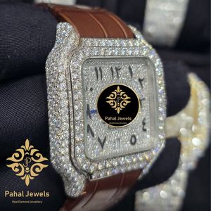Montre de luxe Pahal Jewels avec moissanite carrée, boîtier en acier inoxydable, bracelet en cuir 20 mm, verre saphir, mouvement mécanique analogique, date - Product Image 3