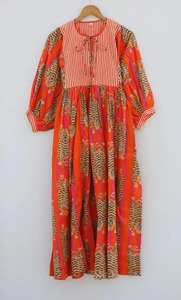 Vestido Midi de Verano de Algodón para Mujer, Estampado a Mano, Cuello Redondo, Manga Kimono, Vestido Informal - Product Image 2