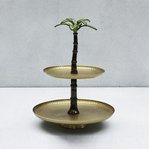 Charming Two-<b>Tier</b> Gold <b>Cake</b> Stand Featuring Hammered Trays & A Unique Central Palm Tree Pillar With Green Fronds Top For Serving - Product Image 1