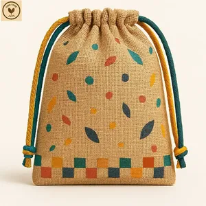Custom Printed Jute Burlap <b>Drawstring</b> Gift Pouch Bag 25x31x16 cm Wedding Favor Jewelry Cosmetic Packaging Wholesale OEM Supplier - Product Image 3