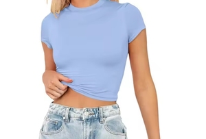 Women's <b>Red</b> <b>Crop</b> <b>Top</b> Short Sleeve Crew Neck Knitted Slim Fit Casual Solid Color Spring Summer - Product Image 4