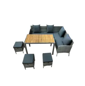SOFA CONNER SET with PE grey rattan, 1 rect acacia table top with natural oil finishing , 2 sofa and 3 stools - top 1 supplier