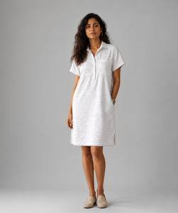 Vestido Camisero Midi de Algodón para Mujer, Simple, Transpirable, Cintura Natural, Estilo Casual Diario, Verano, Boho, con Cuello y Textura Lurex Dorada - Product Image 1