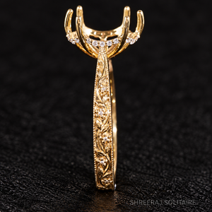 Monture de bague de fiançailles semi-montée personnalisée pour diamant ovale, en or jaune massif 14K 18K, gravée motif floral vintage, avec halo dissimulé, bijoux - Product Image 2