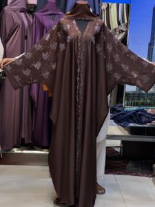 2026 New V Neck Long Sleeve Floor Length Modest Polyester Handmade <b>Flared</b> Hem Abaya Beaded Detail Women's Traditional Muslim - Product Image 1
