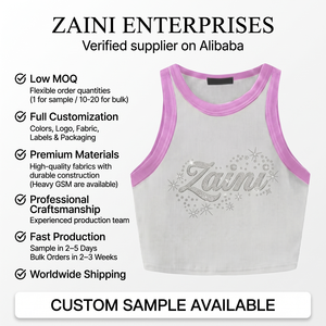 260 GSM Premium Ribbed Cotton Slim Fit Crop <b>Top</b> Shirt White Pink Binding 3D Embroidery Breathable Anti-Wrinkle - Product Image 1