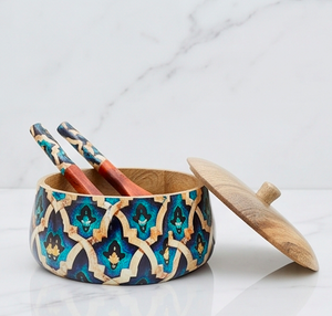 Cuenco decorativo bohemio con patrón geométrico azul y dorado hecho a mano, plato redondo de madera para servir, para decoración del hogar. - Product Image 3
