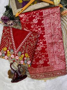 Sari de Seda Jacquard Banarasi Suave Reglance con Bordado de Lentejuelas y Dori, Borde de Encaje, Diseño Tradicional, Sin Arrugas, de Secado Rápido para Mujer - Product Image 1