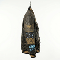 Blouson Bomber en Cuir Cyber Pharaoh pour Homme, Style Motard Punk Égyptien Brodé et Vieilli, Coupe-Vent avec Col Montant et Fermeture Éclair