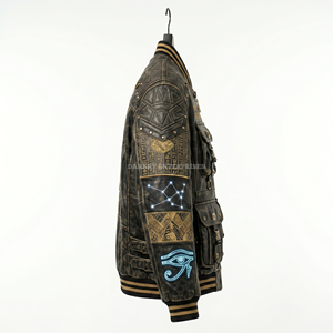 Blouson en cuir personnalisé Cyberpunk Anubis, style bomber vieilli, brodé, streetwear, pharaon égyptien, punk, motard, pour homme - Product Image 3