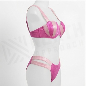 Ensemble de bikini push-up rayé rose avec bordure contrastée et bas de string, maillot de bain pour femme - Product Image 4
