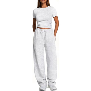 Women's Comfortable Solid Lace up Short Sleeve Cotton Drawstring Loose Fit T-Shirt and Sweatpants <b>Set</b> - Product Image 2