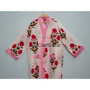 ชุดกิโมโนผ้าฝ้ายแท้ 100% สำหรับผู้หญิง ลายพิมพ์บล็อก ชุดนอนสบายๆ ชุดเพื่อนเจ้าสาว ชุดคลุมอาบน้ำ ชุดชายหาดทำมือ - Product Image 2