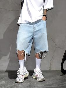 Shorts en jean baggy tendance pour hommes, déchirés, personnalisés, à ourlet brut, coupe ample, délavage vintage, style streetwear décontracté, vente en gros OEM - Product Image 4