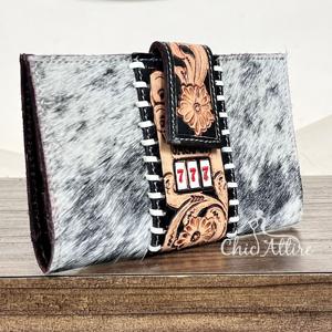 Cartera de Mano de Cuero Vacuno de Primera Calidad, Edición Limitada, con Diseño Floral Grabado 777 Jackpot, Estilo Western para Mujer - Product Image 1
