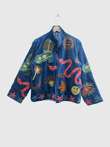 Hand Embroidered Velvet Mandarin Collar Jacket Full Sleeve Patchwork Design Adult Spring Wear - Product Image 1