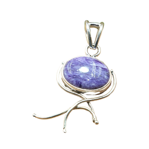 Pendentif ovale en Charoïte violette naturelle, en argent sterling 925, fait main avec fil enroulé, bijou en pierre précieuse, cristal de guérison, pièce maîtresse - Product Image 1