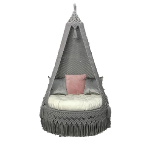 <b>Grey</b> & White Handmade Boho 72"x33" Cotton Macrame Hammock Hanging Swing Chair With Cushion And Pillows for Patio Balcony Bedroom - Product Image 4