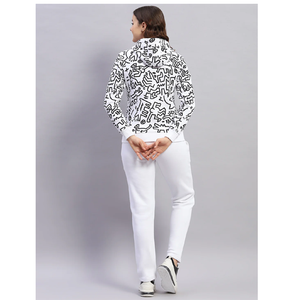 Custom <b>White</b> Doodle Printed <b>Women</b> Pullover <b>Hoodie</b> Drawstring Casual Fleece Sweatshirt Pocket - Product Image 3