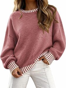 Pulls Oversize Femme 2026 – Hauts d'Automne à Manches Longues et Col Rond, Pulls en Maille Épaisse Contrastante, Vêtements d'Hiver - Product Image 4