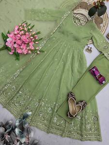 Robe Anarkali en rayonne verte, longueur ras du sol, tenue traditionnelle indienne et pakistanaise pour mariage, coupe ample, manches longues, extensible - Product Image 5