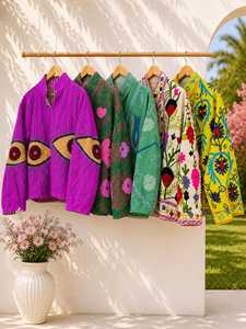 Assorted Mix Color Design Suzani Embroidery Women's Quilted <b>Reversible</b> Breathable Eco-Friendly Free Size <b>Jacket</b> - Product Image 1