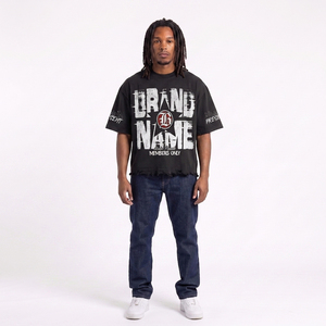 Nouveau T-shirt Hip Hop personnalisé noir épais 220 g/m² délavé à l'acide, coupe ample à épaules tombantes, imprimé DTG, ourlet brut - Product Image 5