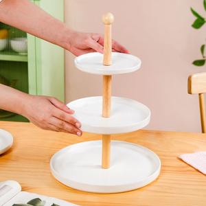 3 Tier White Ceramic <b>Cake</b> <b>Stand</b> With Wooden Pillar Round Porcelain Dessert Display Tray <b>Tiered</b> Serving Platter for Tea Party - Product Image 3