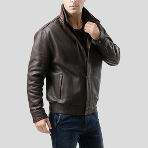 Mens Chocolate Brown <b>Leather</b> <b>Jacket</b> Textured Genuine Cowhide Coat Stand Collar Slim Fit Rugged Casual Winter Outerwear - Product Image 3
