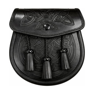Highland Outfit Black Genuine Cowhide Leather Double Embossed 3 Tassels Kilt Sporran with <b>Chain</b> and <b>Belt</b> Custom Handmade - Product Image 1