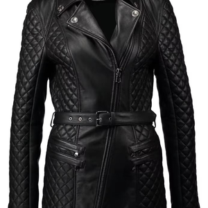 Women's Long Quilted PU Leather Jacket With Zipper Closure Turn-down Collar Autumn Style - Product Image 5