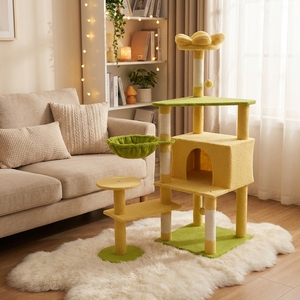 Arbre à chat multi-niveaux en sisal jaune-vert, meuble d'intérieur pour animaux de compagnie, design durable et amovible, facile à assembler - Product Image 1