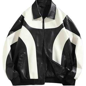 Blouson Bomber en Cuir PU pour Homme, Bloc de Couleurs, Fermeture Éclair, Col Rabattu, Coupe Ample, Style Décontracté Streetwear - Product Image 1