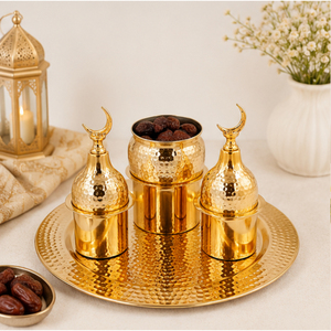 Ensemble de plateaux de service Ramadan en or martelé avec couvercle en forme de minaret et de croissant de lune, vaisselle décorative B2B pour l'Aïd Moubarak, porte-dattes - Product Image 4