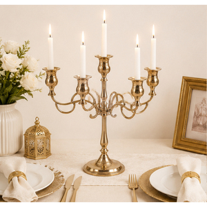 Candélabre en métal élégant à 5 bras pour centre de table de mariage, support de bougie de table en métal doré vintage, vente en gros pour événements - Product Image 6