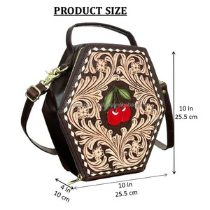 Bolso Bandolera de Cuero Genuino de Vaca con Forma de Ataúd para Mujer 2026, Hecho a Mano, Grabado, Estilo Vintage Vaquero, Color Cereza - Product Image 2