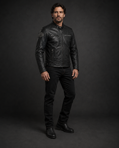 Chaqueta de motociclista de cuero negro para hombre con calavera Will en la espalda - Product Image 3