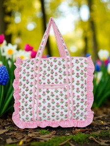 Customized Quilted Cotton Vintage Floral Quilted Large Ruffle Tote <b>Bag</b> Handprinted <b>Boho</b> Shopping <b>Bag</b> for Women - Product Image 3