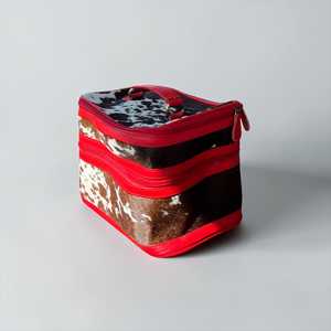 Western Genuine Leather Jewelry Case with Red Zipper and Cowhide Pattern Durable <b>Storage</b> for Travel and Daily Use - Product Image 1