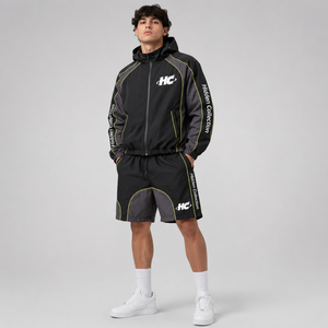 Hidden Collection Men's Hooded <b>Windbreaker</b> Short Set <b>Black</b> Gray Yellow Trim Sporty Tracksuit Quick Dry Summer Outfit - Product Image 1
