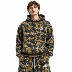 Conjuntos de sudaderas con capucha de camuflaje de alto rendimiento, estilo oversize y corte holgado, con estampado de camuflaje forestal personalizado en toda la prenda, y joggers de pierna ancha de felpa de algodón de alto gramaje. - Product Image 2