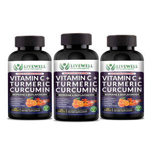 Livewell Vitamina C, Cúrcuma, Curcumina y Bioperina, 180 Tabletas, Paquete Triple, Apoyo Inmunológico - Product Image 2