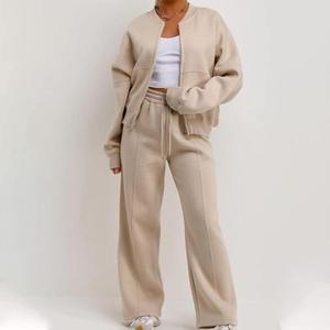 Ensemble de survêtement décontracté deux pièces pour femme : veste zippée à manches longues et pantalon large – Tenue confortable pour la détente (vente en gros) - Product Image 2