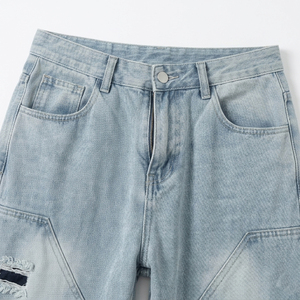 Custom Light Wash Distressed Jeans Patchwork Straight Leg Denim Pants for Men Wholesale High Quality Streetwear - Product Image 4