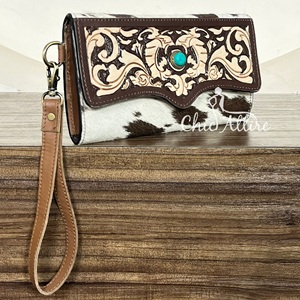 2026 Western Vintage RFID Hand Tooled Turquoise Concho Handmade Hair On Cowhide Genuine Leather <b>Wristlet</b> Clutch Wallet Women's - Product Image 1