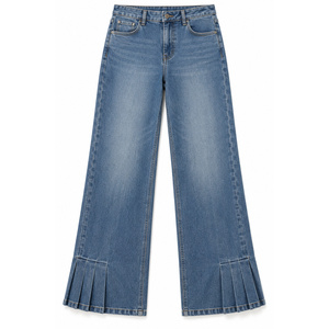 Jeans de Mezclilla Ajustados de Cintura Alta para Mujer con Dobladillo con Pliegues en Forma de Abanico y Paneles Bordados en Azul Vintage, Tallas XS-6XL - Product Image 1