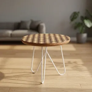Wooden Iron <b>Painted</b> Round Coffee <b>Table</b> with Checkerboard Top and White Metal Legs Living Room Furniture - Product Image 1